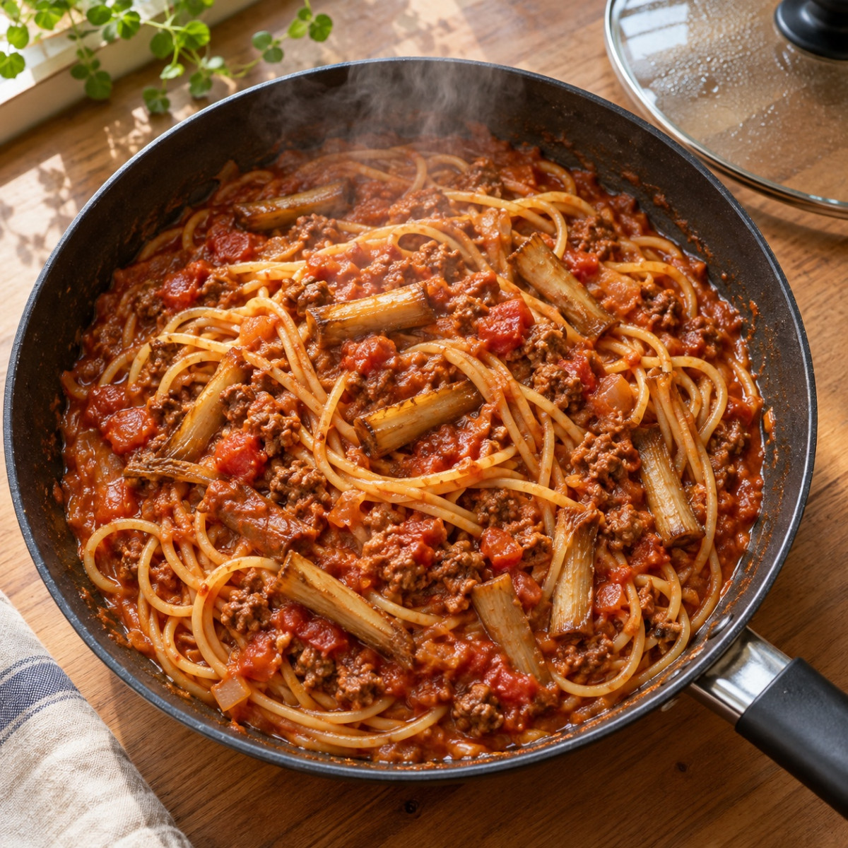 フライパン1つ15分。ごぼうと豚ひき肉のトマトミートパスタの作り方ステップ4
