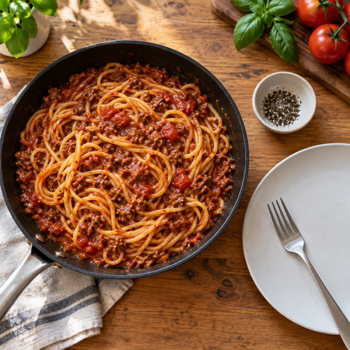 フライパン1つ15分。ごぼうと豚ひき肉のトマトミートパスタの作り方ステップ5