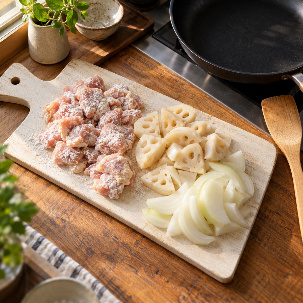 フライパン1つ15分。鶏もも肉とれんこんのデミグラス風煮込みの作り方ステップ1